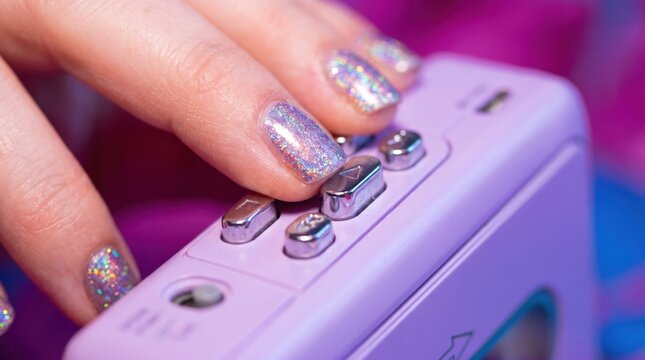 Glitter manicure pressing button on purple cassette player creates colorful retro music moment with tactile controls, nostalgic technology, and vibrant closeup detail