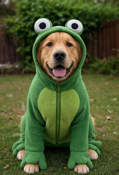 Golden retriever dog in green frog costume sitting on grass. Happy golden retriever canis lupus familiaris wearing funny frog suit outdoors. Concept animal photography for pet banner or poster.