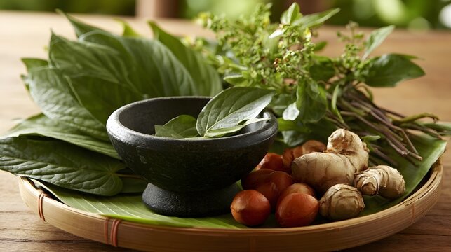 Fresh green herbs and spices arranged on a bamboo tray with a stone mortar and pestle for traditional prepa n