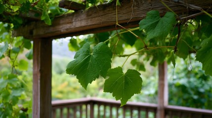 Obraz premium Grapevine leaves hang gracefully from a rustic wooden arbor framing a soft focus garden view with natural greenery