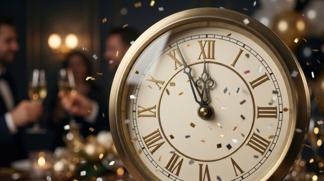 Elegant Clock Face Approaching Midnight with Confetti and Blurred Celebrants