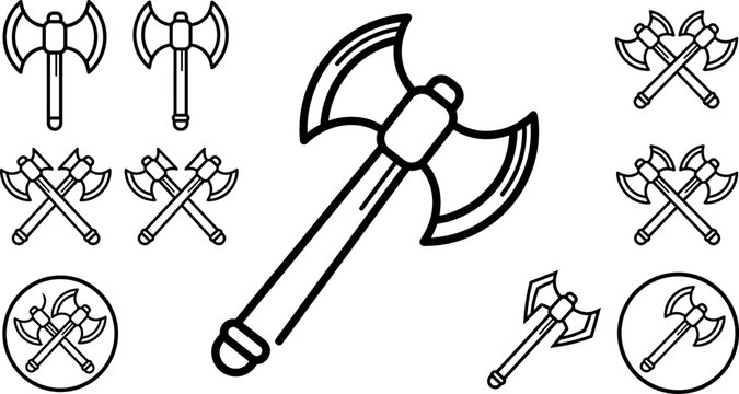 Crossed viking executioner axes line icon collection representing medieval weapon warrior or combat symbols