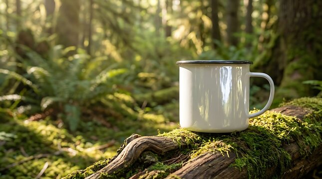 White metal enamel mug sitting on a mossy log in a green forest with soft sunlight shining through the trees in the morning for a relaxing outdoor coffee break. enamel mug