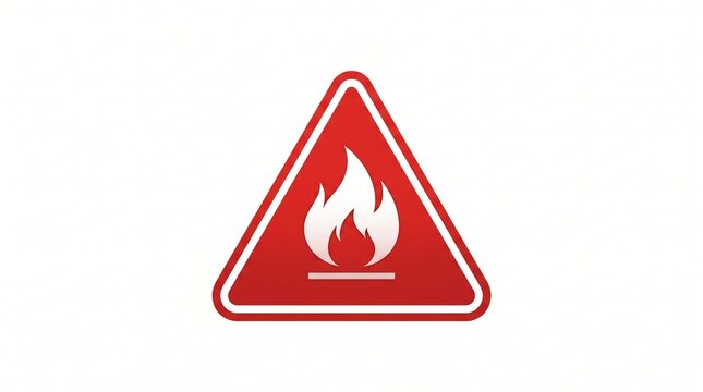 Red triangular flammable warning sign with white flame symbol on white background with hazard sign
