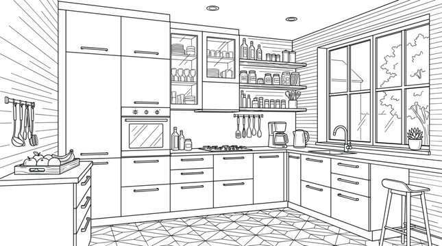 Detailed modern kitchen interior design perspective sketch with large window glass cabinets and corner bar stool vector
