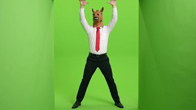 Funny Businessman in Horse Mask suddenly reaches out and pretends to be trapped inside an invisible box.