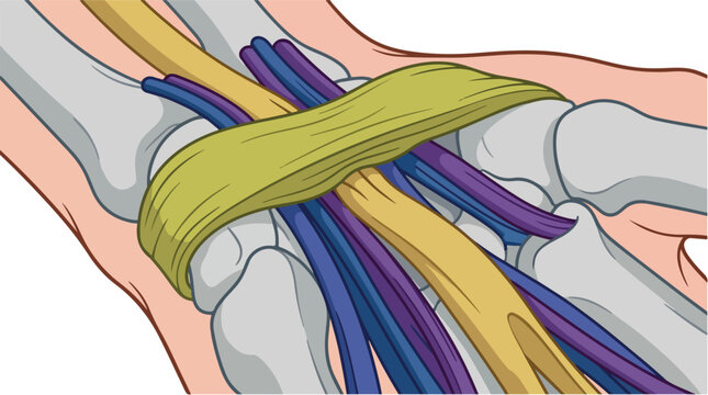 Carpal tunnel anatomy vector illustration, human hand wrist bones and median nerve diagram, medical education graphic