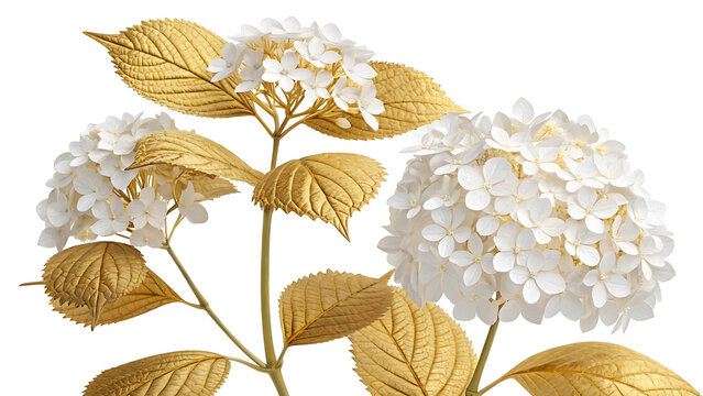 Elegant white hydrangea cluster flowers and bright golden leaves