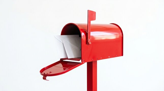 Bright red metal mailbox standing isolated against clean white background with envelopes inside against against plain backdrop mailbox mounted post