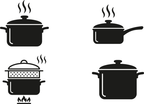 Hot boiling pots pans and food steamer black silhouette vector icons collection isolated on white background