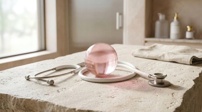A pink ribbon and stethoscope on a table representing breast cancer awareness month october for medical health support