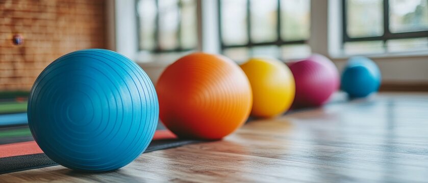 A row of vibrant exercise balls lined up in a gym, ready for fitness activities and workouts, with a bright interior