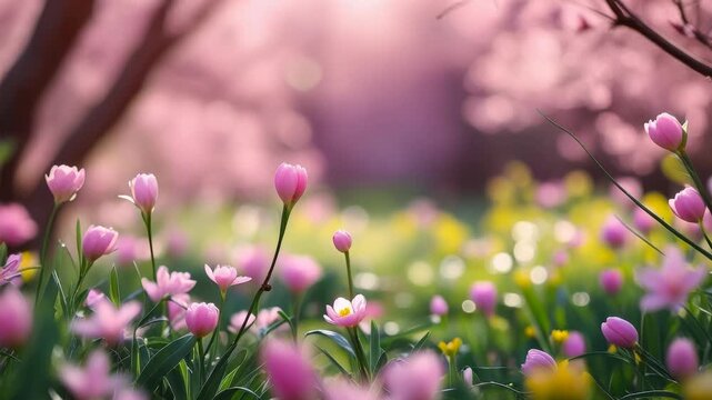 Poster spring wallpaper copy space for text on blur bloom blossom tree pink flowers AI Generative