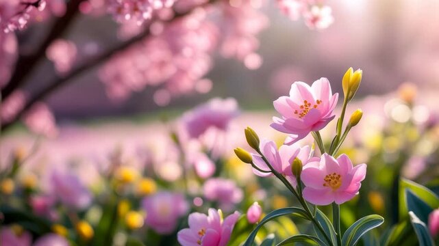Poster spring wallpaper copy space for text on blur bloom blossom tree pink flowers AI Generative