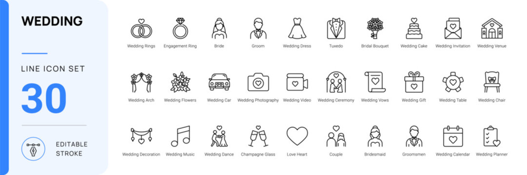 wedding marriage celebration love icon line style editable stroke vector set