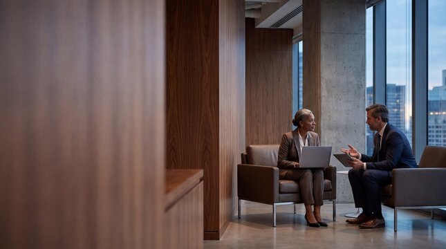 Senior executives discussing enterprise technology investment in premium office