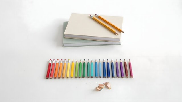 Color pencils in rainbow order with notebooks &ndash; Perfect for elementary education, back to school, or art materials.