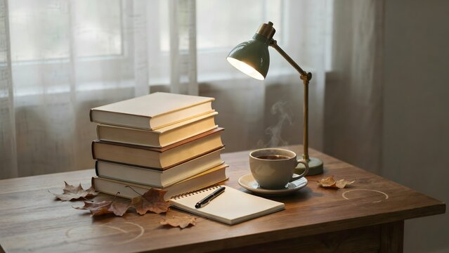 Reading nook with stack of books and warm lamp &ndash; Great for literacy campaigns, education branding, or study habits.
