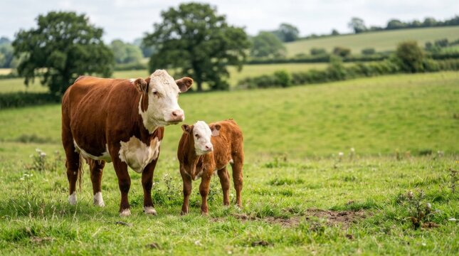 A Curious Calf Stands Beside Its Mother in a Lush Green Pasture