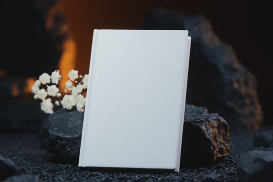 Dramatic 3D render of white hardcover book leaning against stone with dried gypsophila flowers, macro mockup of luxury stationery and catalog cover presentation in warm moody lighting with copy space.