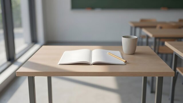 Classroom desk with open notebook and pencil &ndash; Great for back to school sales, writing exercises, or school life.