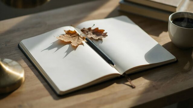 Open blank notebook with pen and autumn leaves &ndash; Suitable for fresh start campaigns, goal tracking, or seasonal planning.