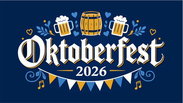 Oktoberfest 2026 horizontal banner template with Gothic typography, wooden beer barrel, foaming beer mugs, festival pennant bunting garland, and dark blue background.