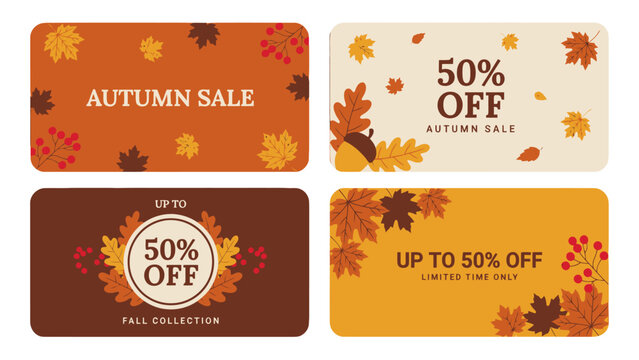 Autumn sale banners featuring falling maple leaves and berry sprigs showcase a seasonal discount promotion fall promotion advertising