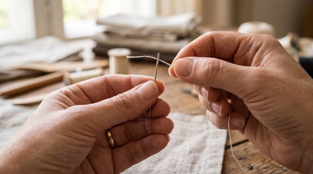 Close up of an adult woman hands threading a needle with linen thread for sewing crafting handmade textile clothing in a workshop