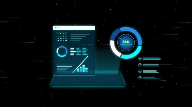 Digital financial dashboard with animated data charts and analytics hud interface on dark background