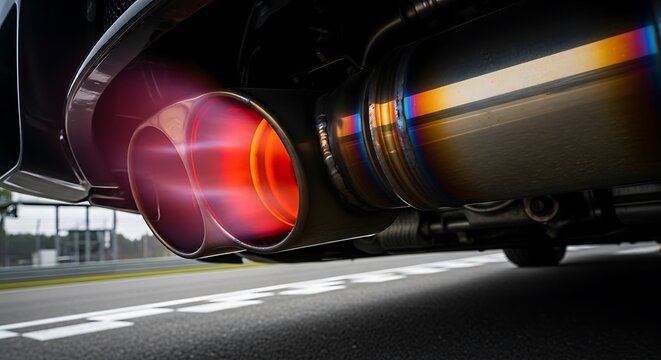 Powerful car engine exhaust pipes glowing red with heat and colored titanium finish