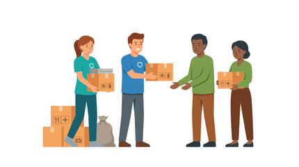 Obraz premium Volunteers delivering donation boxes to people in need, charity and support concept
