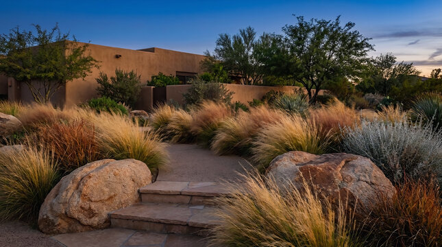 A serene arizona front yard featuring native ornamental grasses, natural stone steps, and desert landscaping at dusk for a peaceful home entrance vibe