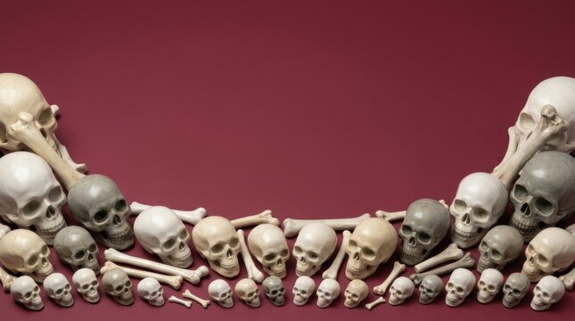 Many human skulls and bones arranged in a frame on a solid dark red background for halloween decoration