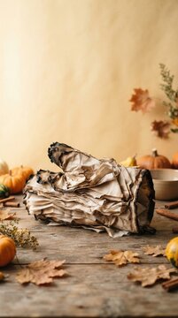 Oven mitt made of thin paper napkins with scorched curling edges on a rustic wooden table, featuring warm harvest tones and copy space for seasonal advertising