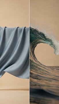 Blue fabric and an ocean wave in a two-part composition, featuring smooth textile and crashing water for global unity and environmental campaigns with copy space