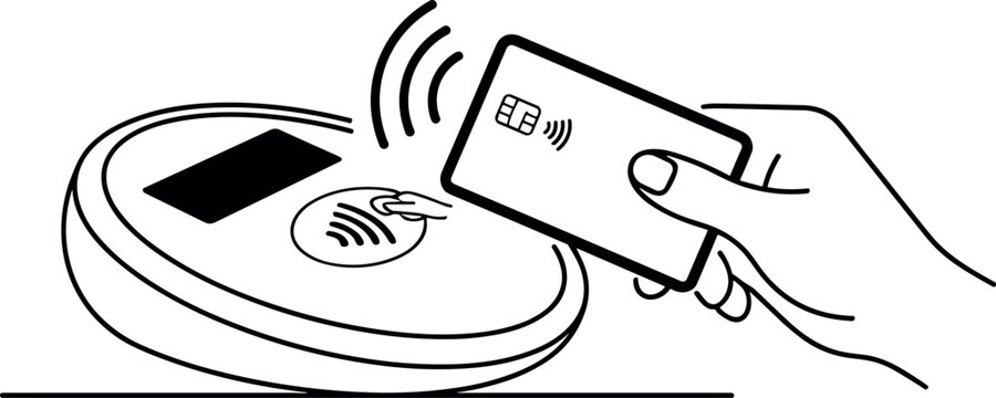 Contactless Payment Vector Illustration Showing Hand Holding Credit Card Near POS Terminal Reader