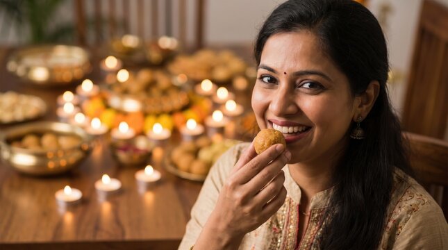 Indian woman celebrating Diwali eating sweet laddu at home with festive candles and traditional food during festival celebration