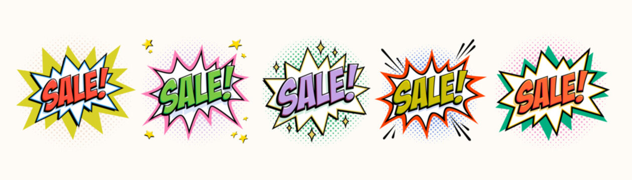 Set of comic sale starburst stickers with bold lettering, colorful burst shapes and halftone dots in retro pop art vector style. Bright sale star badges. Great for discount labels, promo banners.