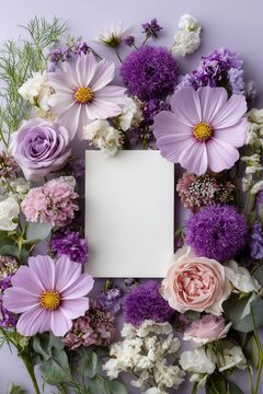Top down composition of blank rectangular paper centered inside purple and pink floral wreath with cosmos, allium, roses, carnations, and greenery on soft lavender background
