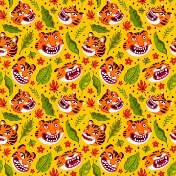 Asian seamless pattern with smiling tiger faces on red background. Drag to swatches panel to use