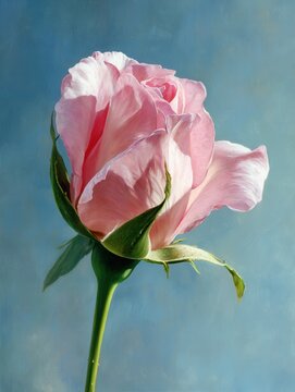 Pink rosebud partially opening with dewy layered petals, green stem, soft blue background and gentle side view, showing delicate texture, fresh color and elegant natural beauty