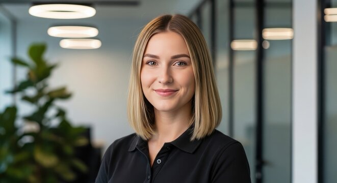 Professional woman with blonde bob haircut in an office setting