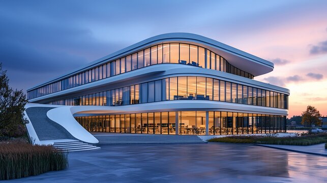 Modern glass office building at sunset.
