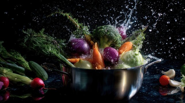 Fresh vegetables falling into stainless steel pot with dramatic water splash over dark studio background, with vegetable, tomato, lettuce, salad detail, showing pot, splash, water, droplet context