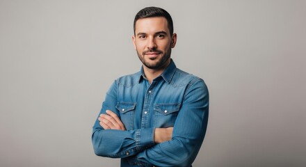 Obraz premium Confident young man in denim shirt with crossed arms