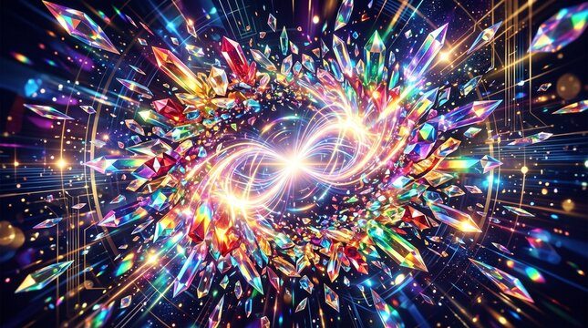 Abstract infinity loop radiant crystal explosion vibrant colorful gemstones energy burst digital art composition with multicolored crystals surrounding