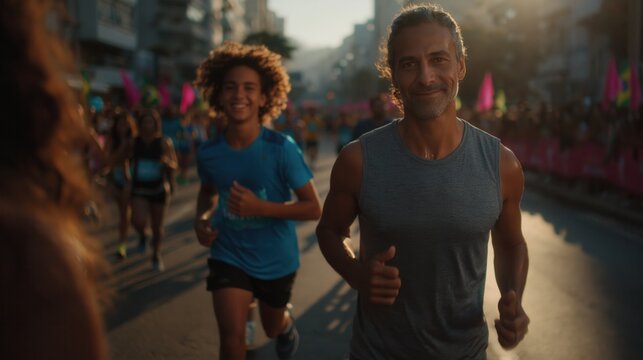 Joyful teenage runner smiling during outdoor charity race with diverse crowd, colorful flags, warm sunlight, and community energy in lively urban sports event, with runner, teenager, smiling, joyful
