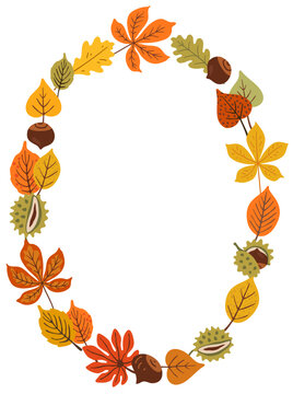 Autumn oval wreath frame with chestnut, acorn and oak leaves arranged in warm orange and yellow tones. Open center leaves copy space for photos, fitting greeting cards, invitations and posters