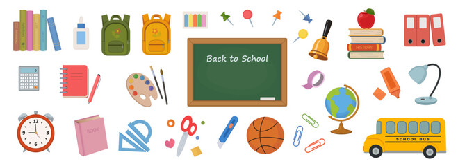 Fototapeta premium Back to school vector illustration set, school supplies and educational equipment icon collection with backpacks isolated on white background.